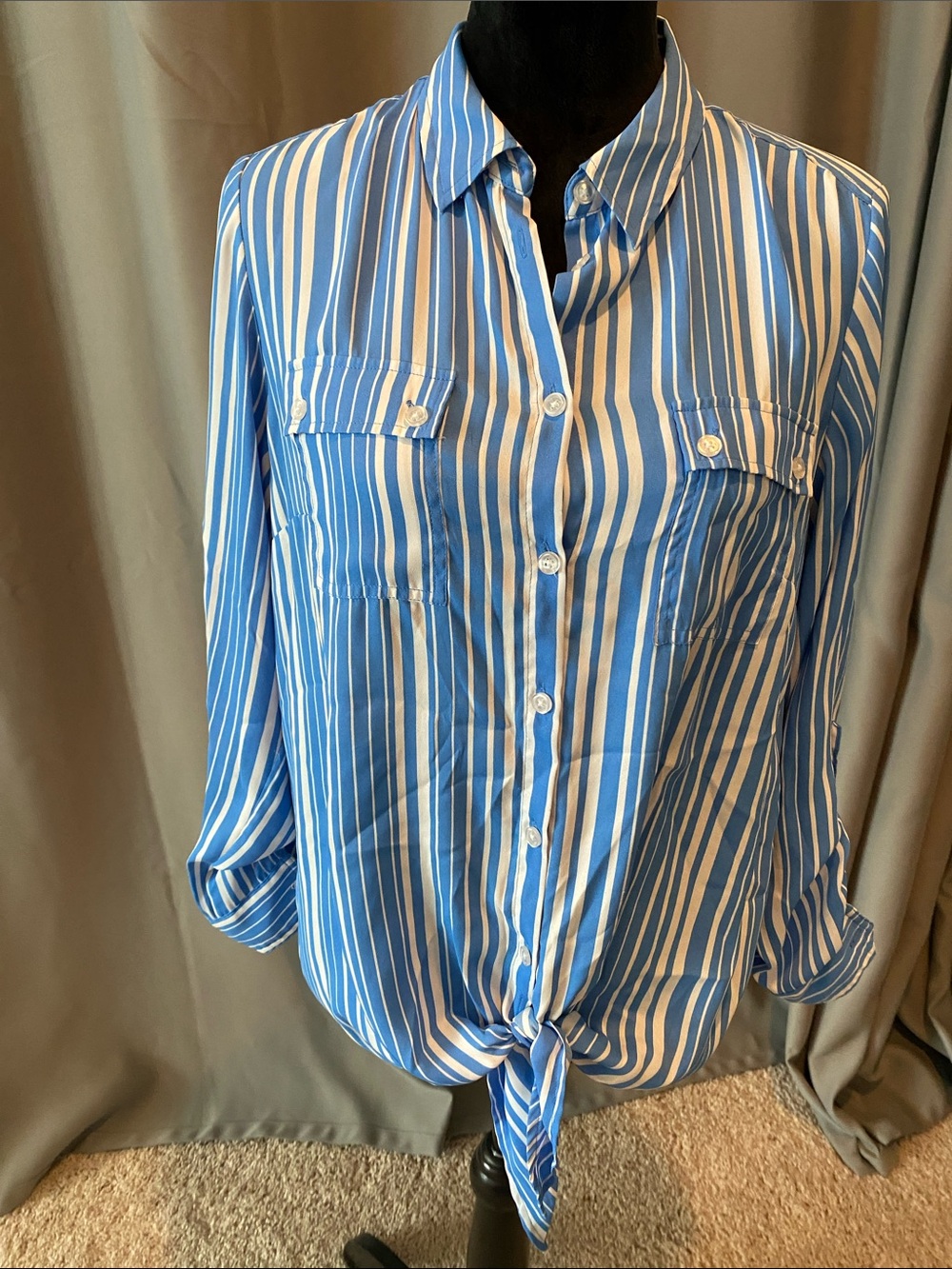 Jones New York Blue and White Striped Tie-Front Button-Down